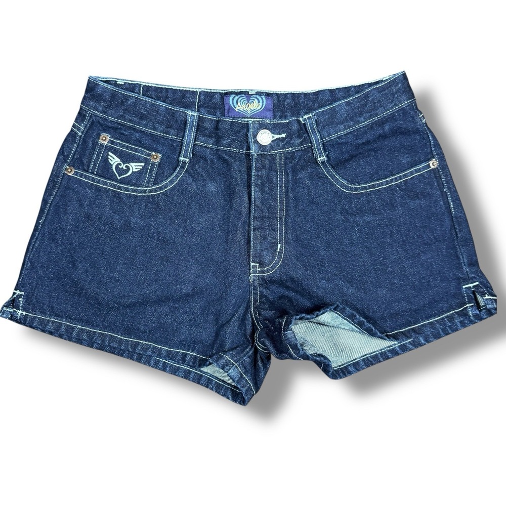 Y2K Angels Denim Shorts Juniors Sz 9 Dark Wash Mid Rise Vintage Cut Off 2000s